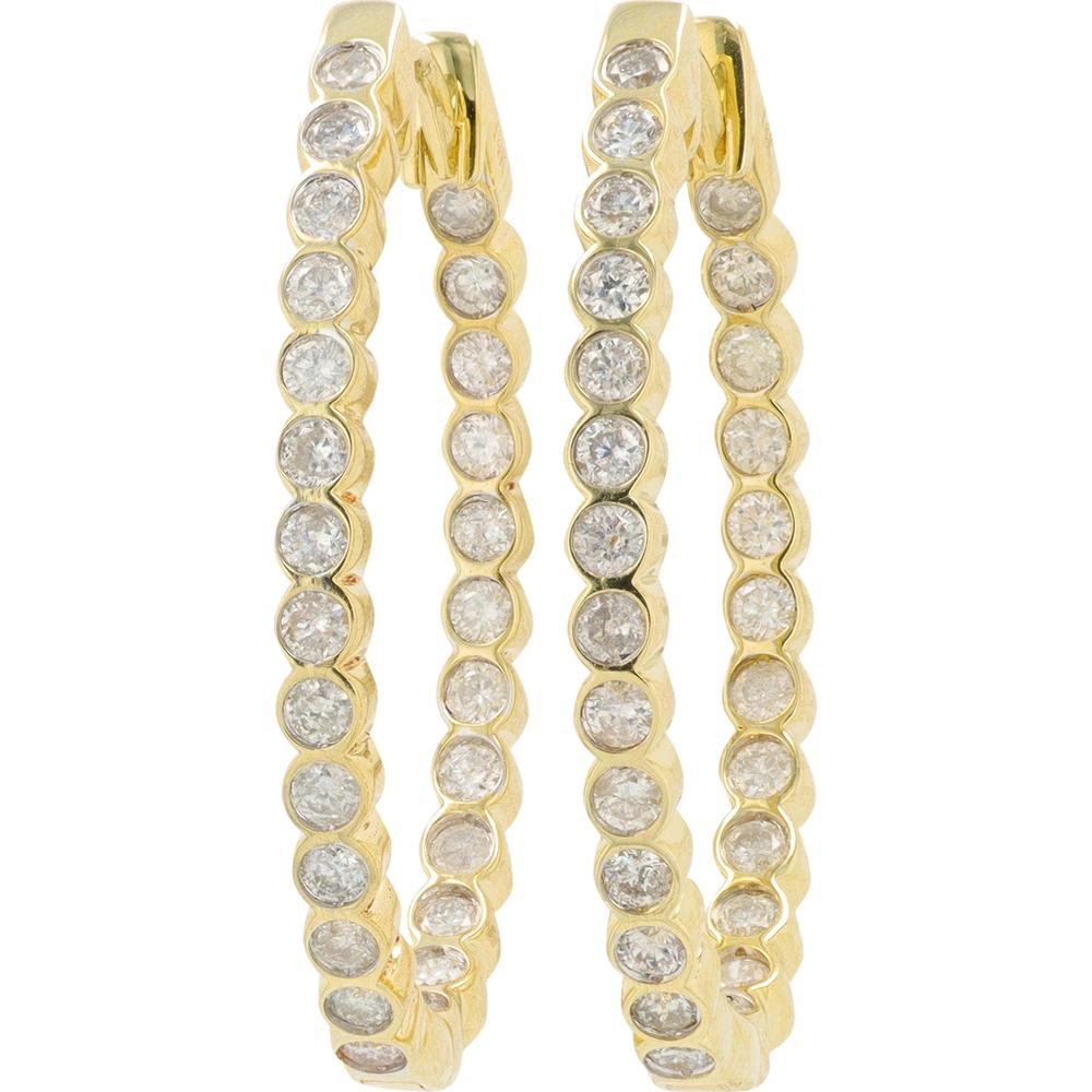 14K Yellow Gold 1 Carat Total Diamond Inside - Out Hoop Earrings - Bezel Set