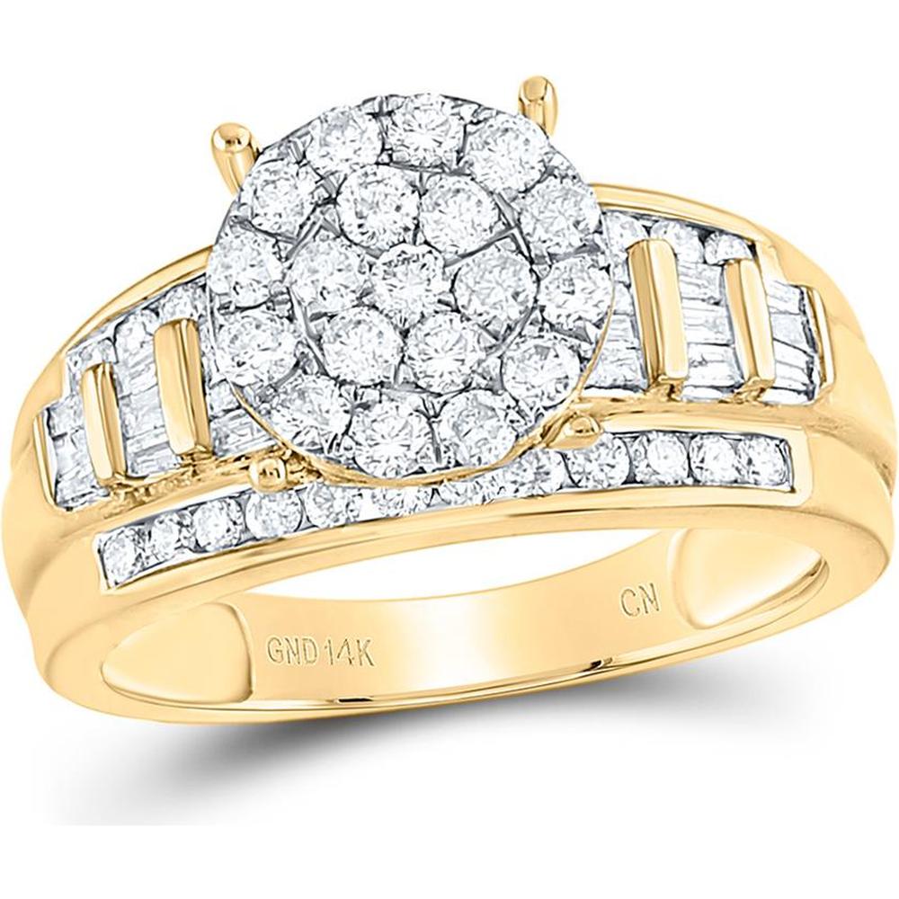 14K Yellow Gold 1 Carat Total Weight Natural Diamond Halo Ring with Baguette and Round Diamonds - 1.00 Carat Total Diamond Weight
