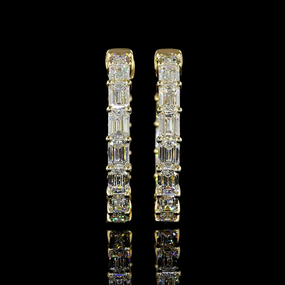 14K Yellow Gold 1" East-West Emerald Cut Lab Diamond Hoop Earrings - 5.54 Carats Total Diamond Weight - Covaloro Fine Jewelry
