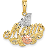 14K Yellow Gold #1 MOM Pendant with Pink Flower Charm and Rhodium Accents by Oro Pregiato
