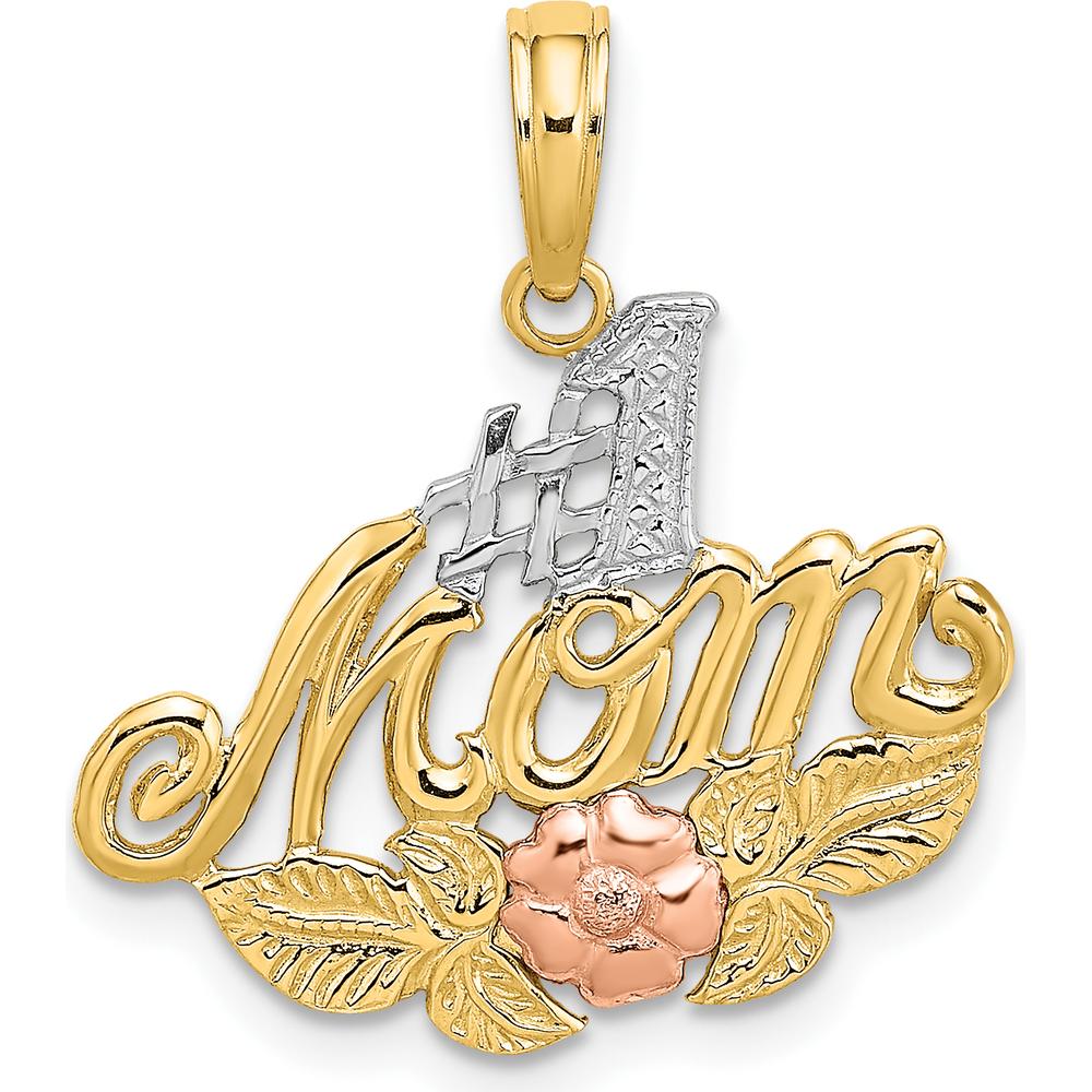 14K Yellow Gold #1 MOM Pendant with Pink Flower Charm and Rhodium Accents by Oro Pregiato
