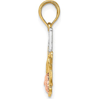14K Yellow Gold #1 MOM Pendant with Pink Flower Charm and Rhodium Accents by Oro Pregiato