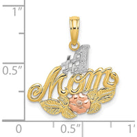 14K Yellow Gold #1 MOM Pendant with Pink Flower Charm and Rhodium Accents by Oro Pregiato