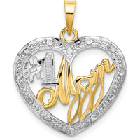 14K Yellow Gold "#1 Mom" Textured Heart Charm Pendant with Rhodium Accents by Oro Pregiato