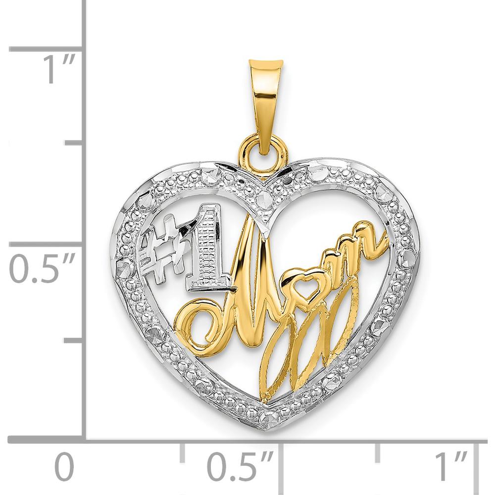 14K Yellow Gold "#1 Mom" Textured Heart Charm Pendant with Rhodium Accents by Oro Pregiato