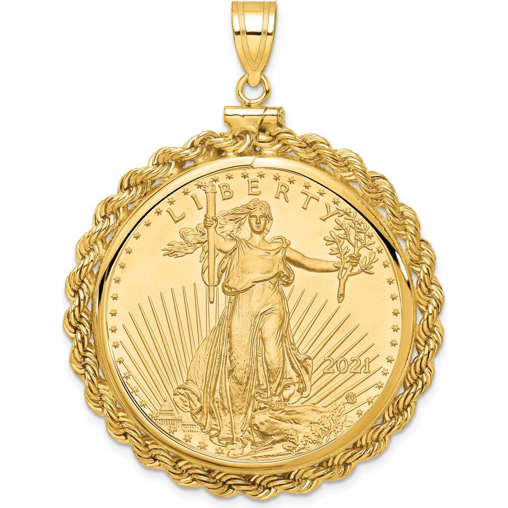 14K Yellow Gold 1 oz. American Eagle Coin Screw Top Coin Bezel Pendant - Polished Rope Design by Numis Coin Jewelry