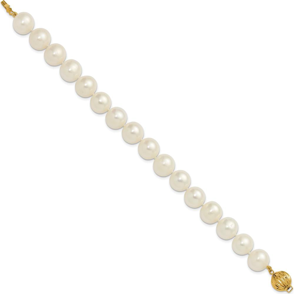14K Yellow Gold 10-11mm Near-Round White Freshwater Pearl Bracelet - Elegant and Polished Design by Monteluci Fine Jewelry