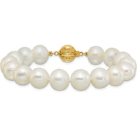 14K Yellow Gold 10-11mm Near-Round White Freshwater Pearl Bracelet - Elegant and Polished Design by Monteluci Fine Jewelry