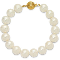 14K Yellow Gold 10-11mm Near-Round White Freshwater Pearl Bracelet - Elegant and Polished Design by Monteluci Fine Jewelry