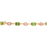 14K Yellow Gold 10.50 Carat Pink & Green Tourmaline Bracelet with Oval and Rectangular Cut Stones