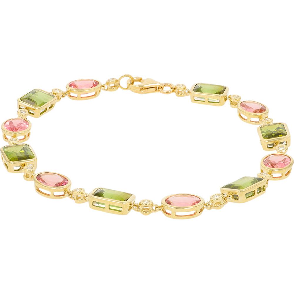 14K Yellow Gold 10.50 Carat Pink & Green Tourmaline Bracelet with Oval and Rectangular Cut Stones