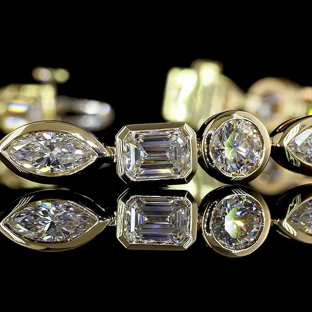 14K Yellow Gold 10 Carat Tennis Bracelet with Alternating Marquise, Emerald, and Round Cut Lab Diamonds in Bezel Settings - E-F Color, VS Clarity - Covaloro Fine Jewelry
