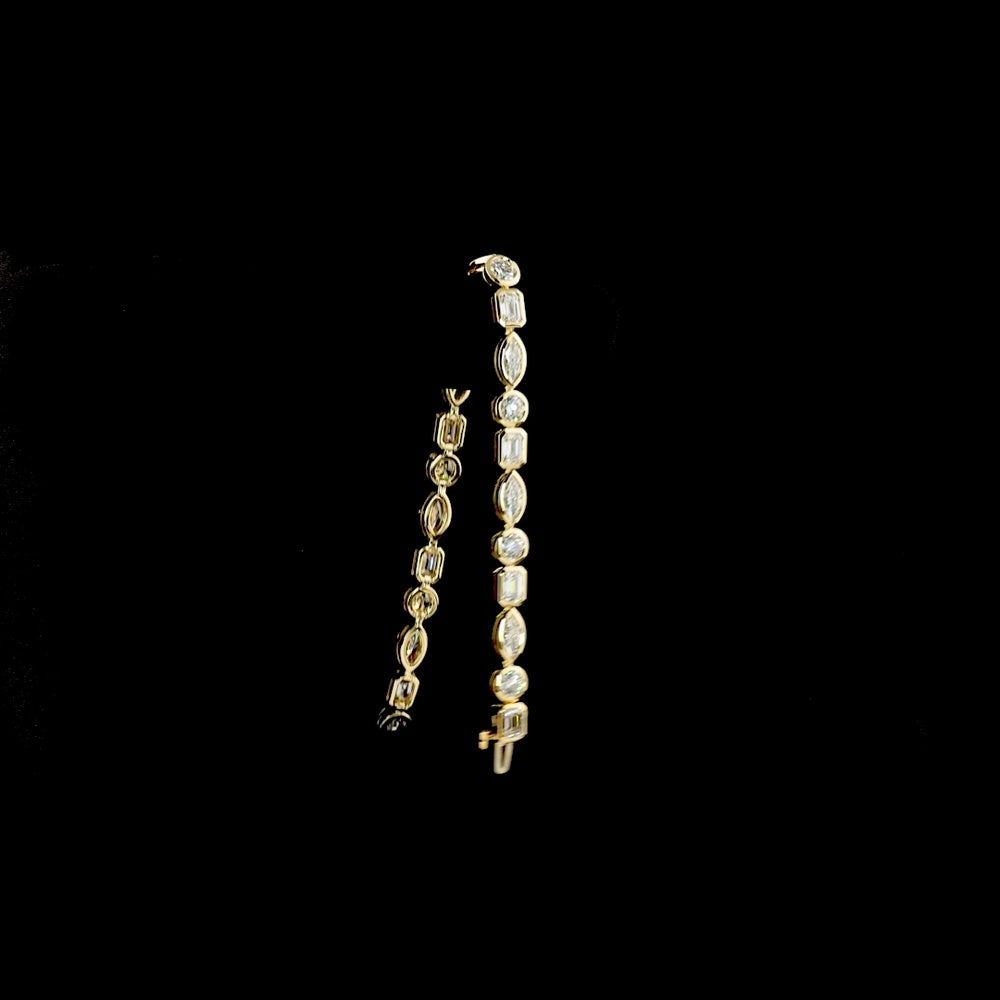 14K Yellow Gold 10 Carat Tennis Bracelet with Alternating Marquise, Emerald, and Round Cut Lab Diamonds in Bezel Settings - E-F Color, VS Clarity - Covaloro Fine Jewelry