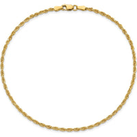 14K Yellow Gold 10" Diamond-Cut Rope Anklet with Lobster Clasp - 2mm Solid Chain