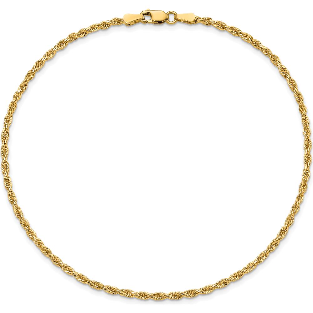 14K Yellow Gold 10" Diamond-Cut Rope Anklet with Lobster Clasp - 2mm Solid Chain