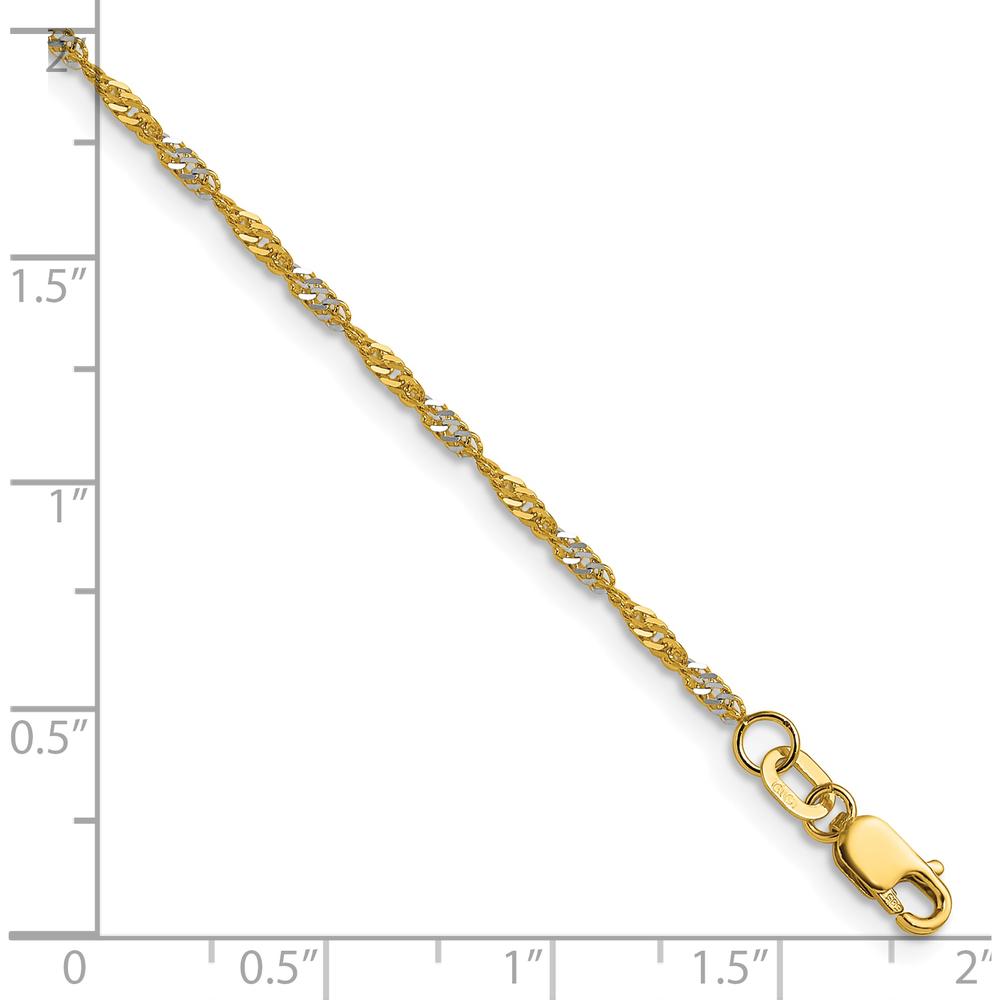14K Yellow Gold 10 Inch Singapore Chain Anklet with Rhodium Accents - 1.65mm Thickness by Oro Pregiato