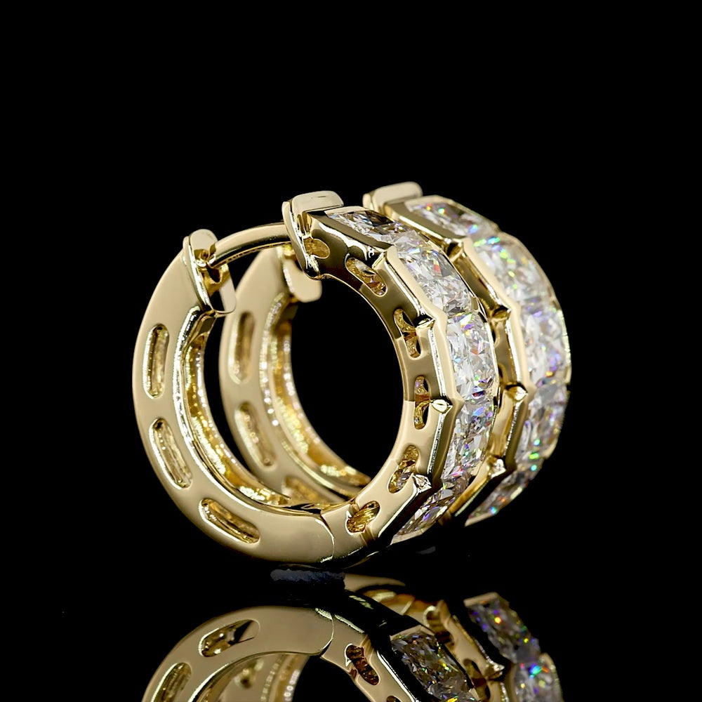 14K Yellow Gold 10-Stone Radiant Cut Lab Diamond Huggie Earrings with Half Bezel Setting - 2.96 Carats Total Diamond Weight - Covaloro Fine Jewelry