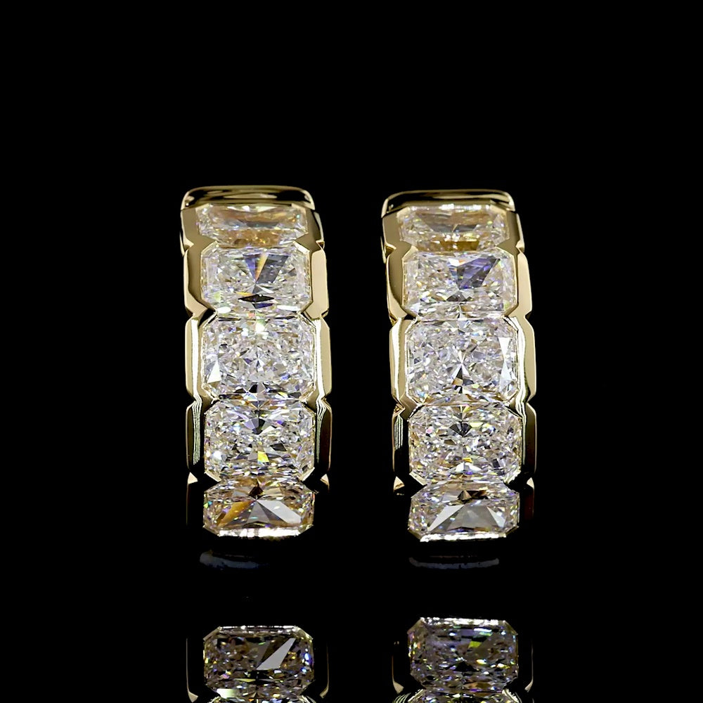 14K Yellow Gold 10-Stone Radiant Cut Lab Diamond Huggie Earrings with Half Bezel Setting - 2.96 Carats Total Diamond Weight - Covaloro Fine Jewelry