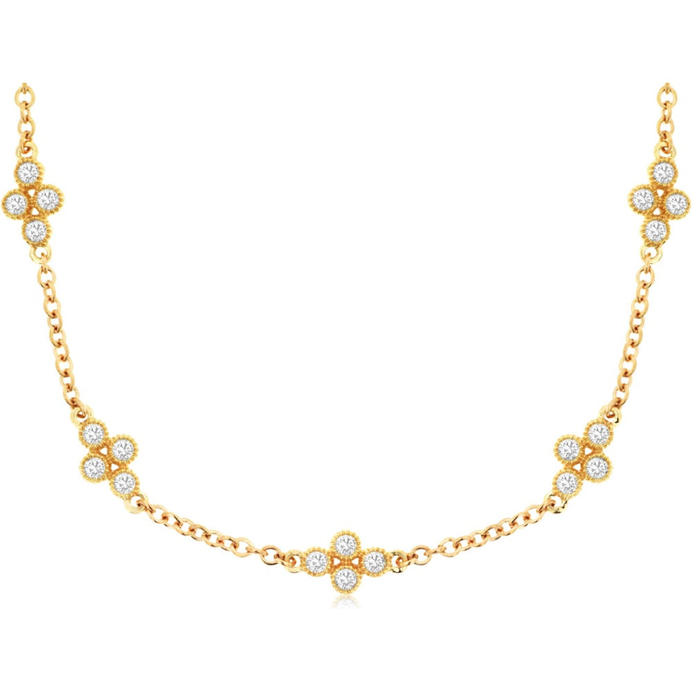 14K Yellow Gold 11-Station Quatrefoil Necklace with Prong-Set Round Diamonds and Milgrain Detailing - 0.72 Carat Total Diamond Weight - Royal Jewelry