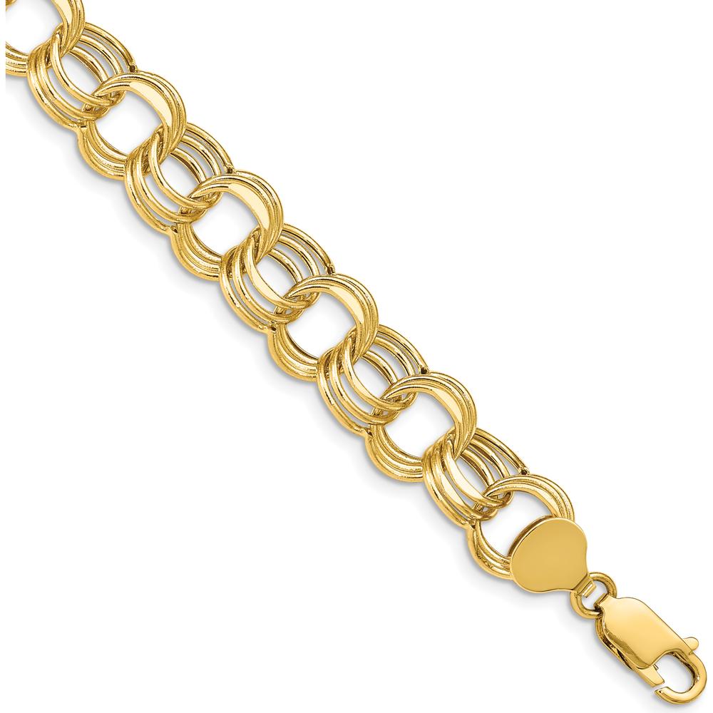 14K Yellow Gold 11mm Hollow Triple Link Charm Bracelet with Diamond-Cut Texture - 7" Length by 0