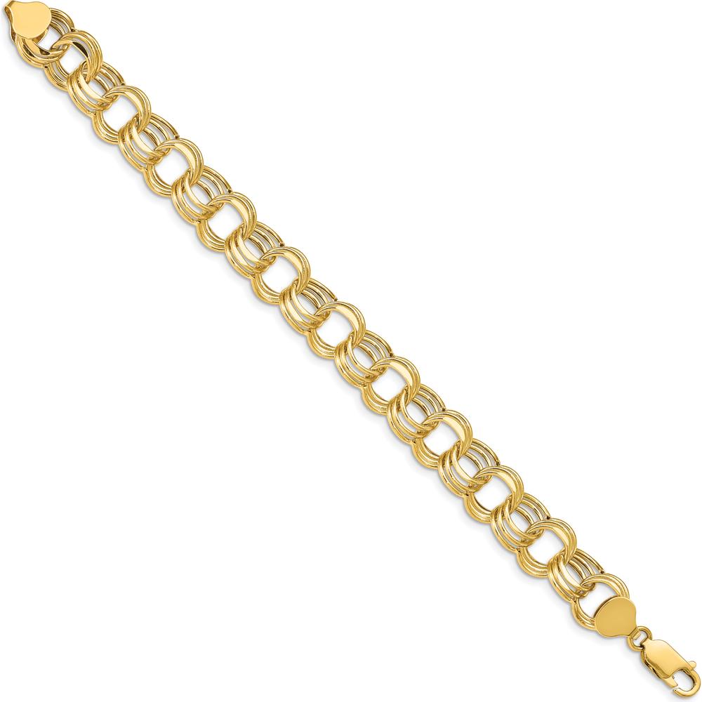 14K Yellow Gold 11mm Hollow Triple Link Charm Bracelet with Diamond-Cut Textured Design - 8" Length by 0