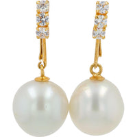 14K Yellow Gold 11mm Pearl Drop Earrings with 3 - Prong Set White Topaz Accents - Total Topaz Weight 0.5 Carat