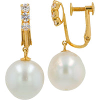 14K Yellow Gold 11mm Pearl Drop Earrings with 3 - Prong Set White Topaz Accents - Total Topaz Weight 0.5 Carat