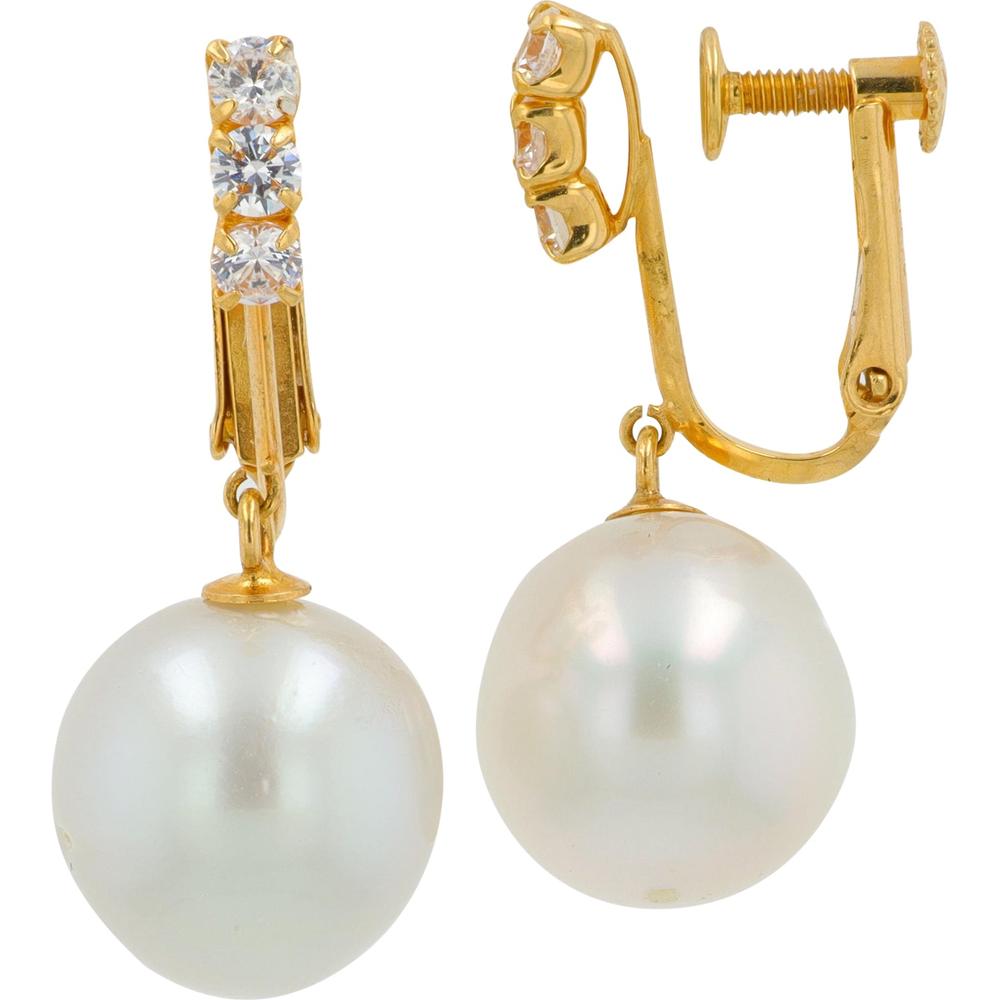 14K Yellow Gold 11mm Pearl Drop Earrings with 3 - Prong Set White Topaz Accents - Total Topaz Weight 0.5 Carat