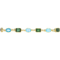 14K Yellow Gold 12.20 Carat Blue Topaz & Green Tourmaline Station Bracelet with Diamond Accents