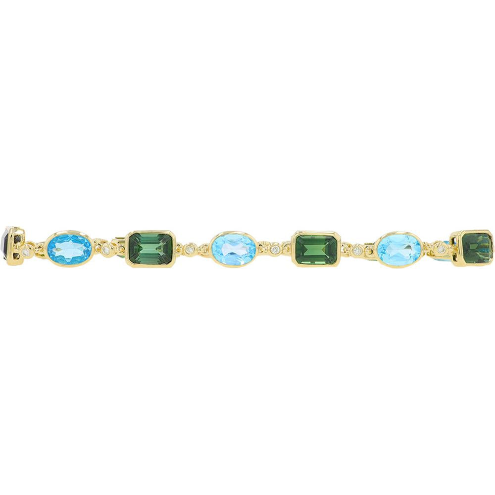 14K Yellow Gold 12.20 Carat Blue Topaz & Green Tourmaline Station Bracelet with Diamond Accents