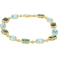 14K Yellow Gold 12.20 Carat Blue Topaz & Green Tourmaline Station Bracelet with Diamond Accents