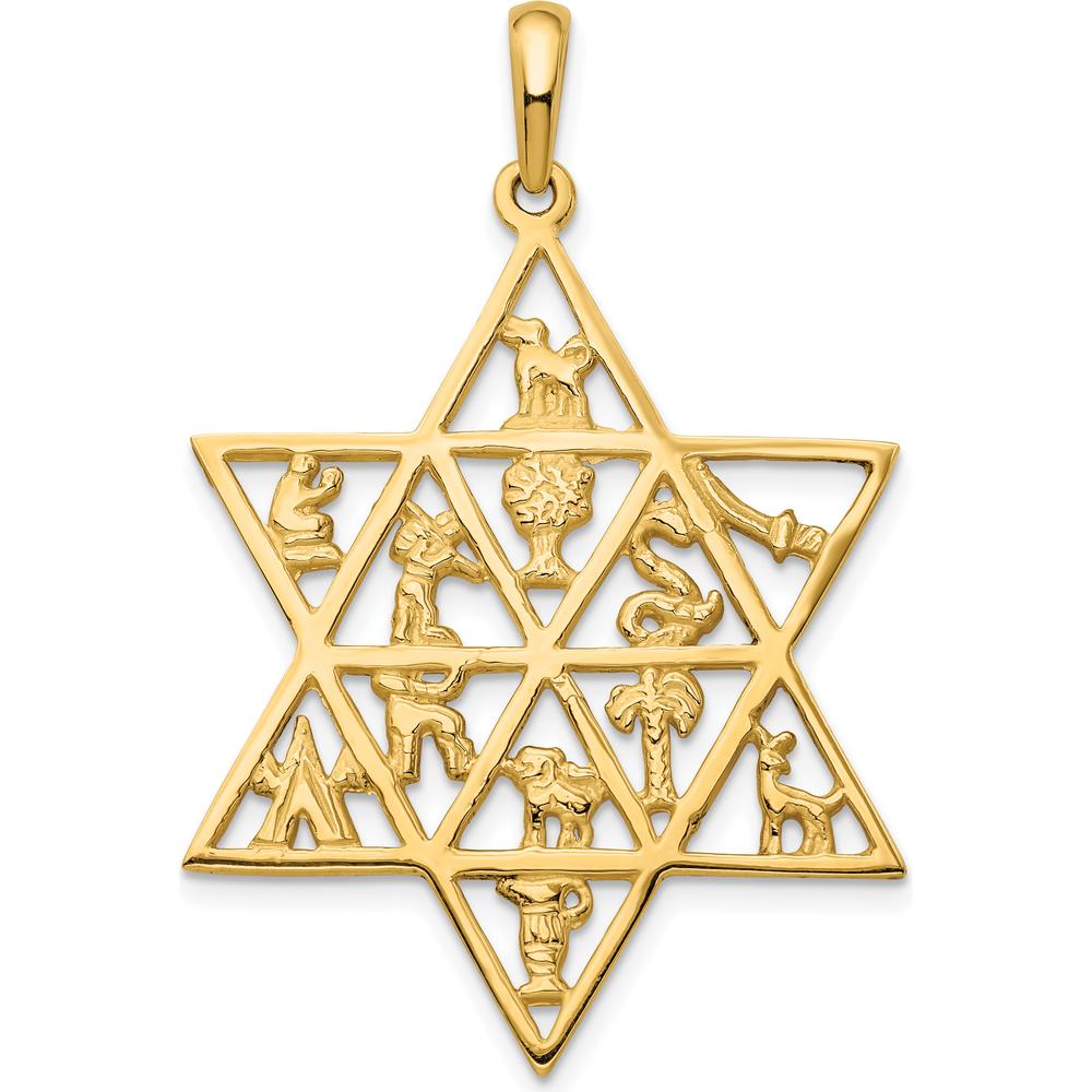 14K Yellow Gold 12 Tribes Star of David Pendant - 45mm Length by Oro Pregiato