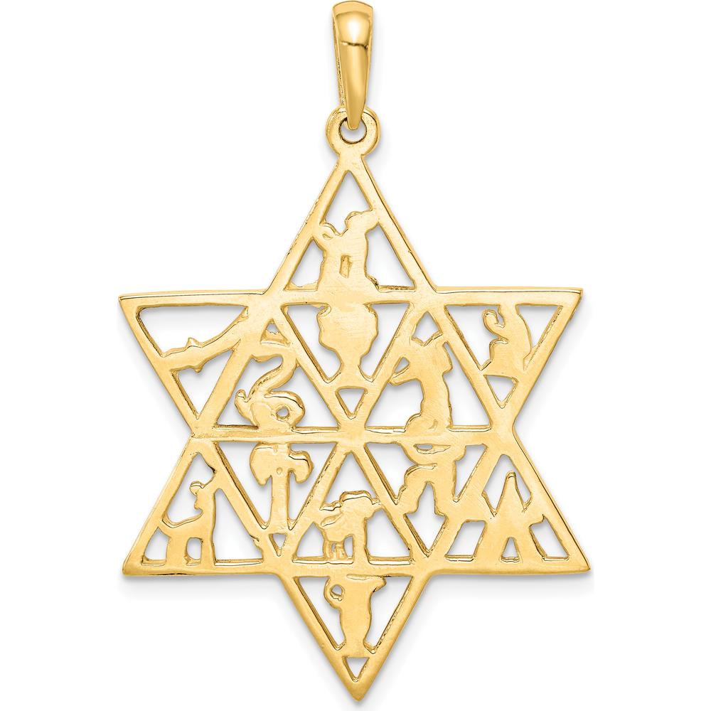 14K Yellow Gold 12 Tribes Star of David Pendant - 45mm Length by Oro Pregiato