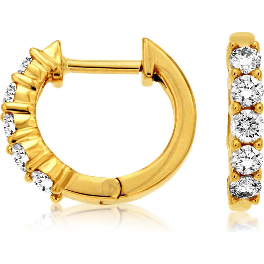 14K Yellow Gold 12mm Huggie Hoop Earrings with Front-Set Round Diamonds - 0.50 Carat Total Diamond Weight - Royal Jewelry