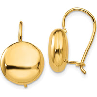 14K Yellow Gold 12mm Polished Button Drop Earrings with Kidney Wire Closure by Oro Pregiato