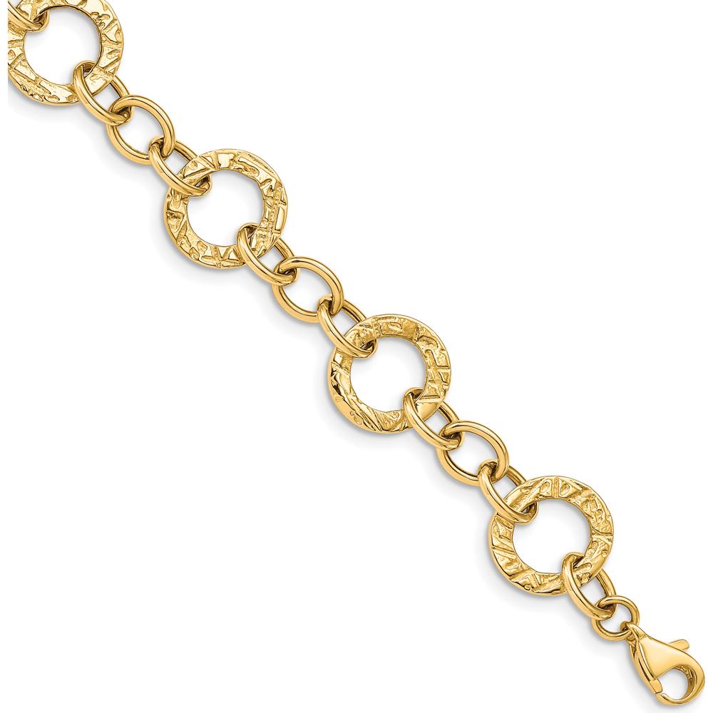 14K Yellow Gold 12mm Textured Fancy Circle Link Chain Bracelet - 7.25" by Oro Pregiato