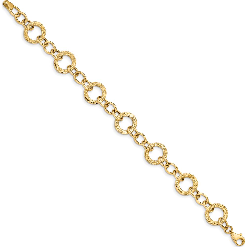 14K Yellow Gold 12mm Textured Fancy Circle Link Chain Bracelet - 7.25" by Oro Pregiato
