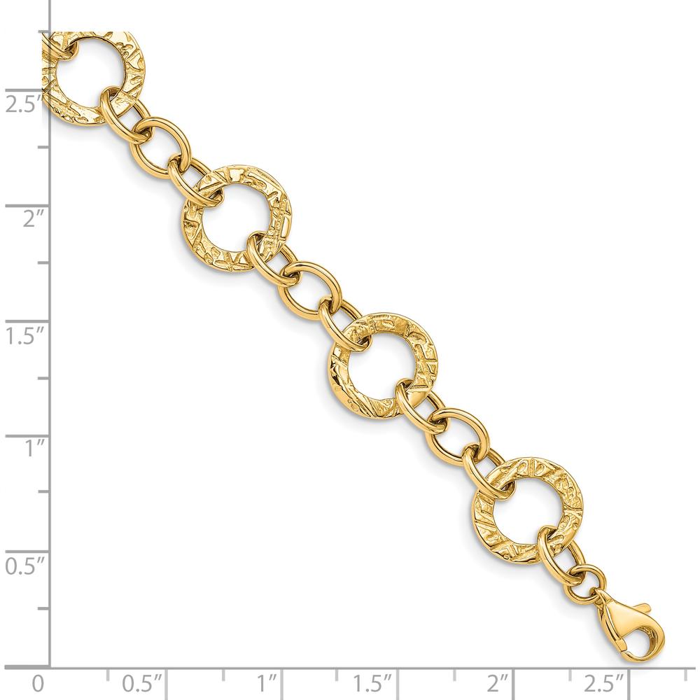 14K Yellow Gold 12mm Textured Fancy Circle Link Chain Bracelet - 7.25" by Oro Pregiato