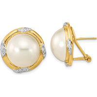 14K Yellow Gold 13-14mm White Mabe Saltwater Cultured Pearl and .16 Carat Diamond Omega Back Button Earrings by Monteluci Fine Jewelry