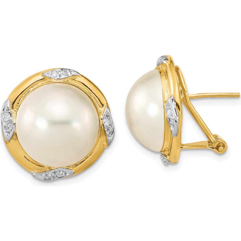 14K Yellow Gold 13-14mm White Mabe Saltwater Cultured Pearl and .16 Carat Diamond Omega Back Button Earrings by Monteluci Fine Jewelry
