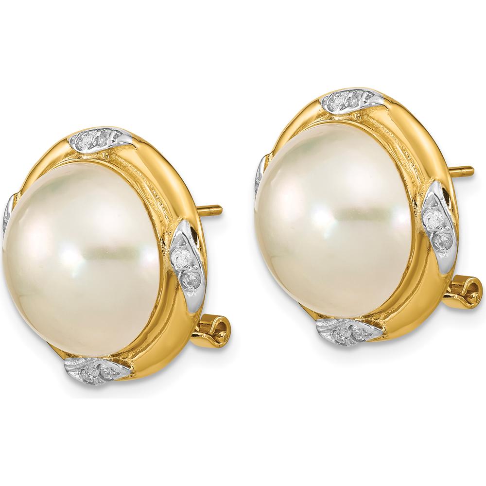 14K Yellow Gold 13-14mm White Mabe Saltwater Cultured Pearl and .16 Carat Diamond Omega Back Button Earrings by Monteluci Fine Jewelry