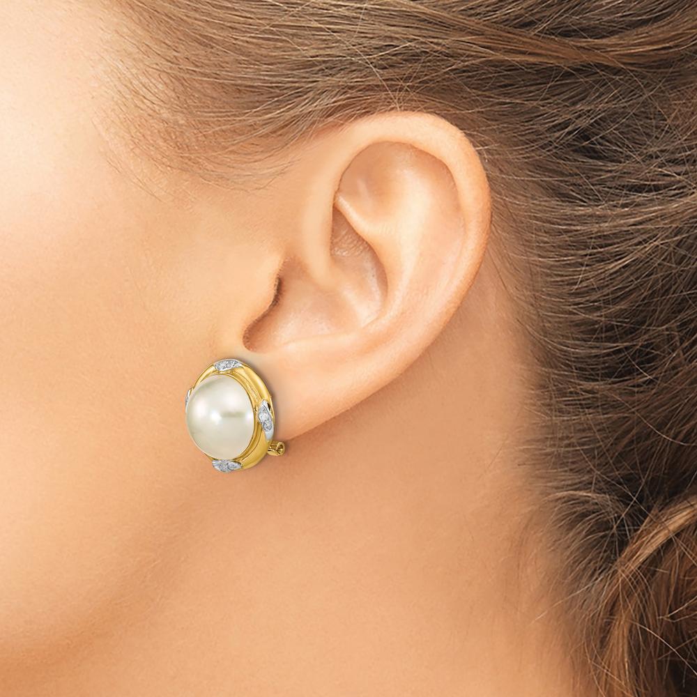 14K Yellow Gold 13-14mm White Mabe Saltwater Cultured Pearl and .16 Carat Diamond Omega Back Button Earrings by Monteluci Fine Jewelry