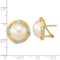 14K Yellow Gold 13-14mm White Mabe Saltwater Cultured Pearl and .16 Carat Diamond Omega Back Button Earrings by Monteluci Fine Jewelry