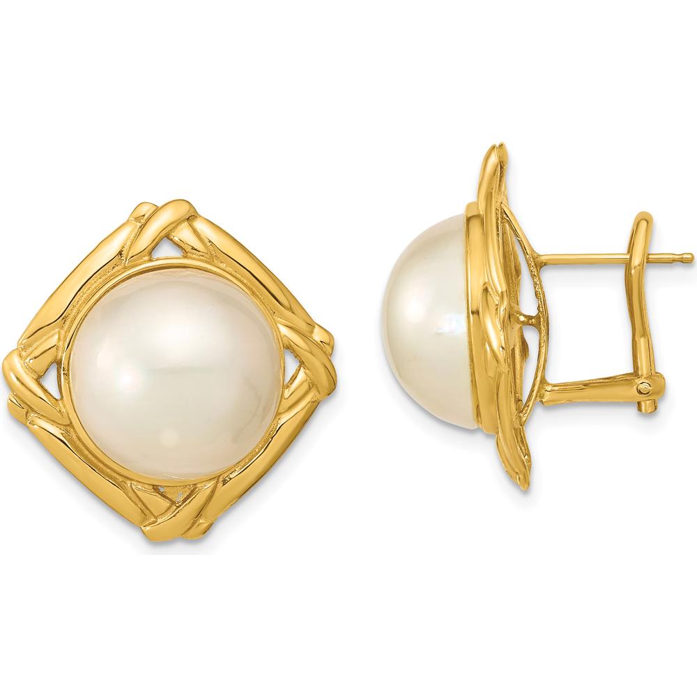 14K Yellow Gold 13-14mm White Mabe Saltwater Cultured Pearl Button Omega Back Earrings by Monteluci Fine Jewelry