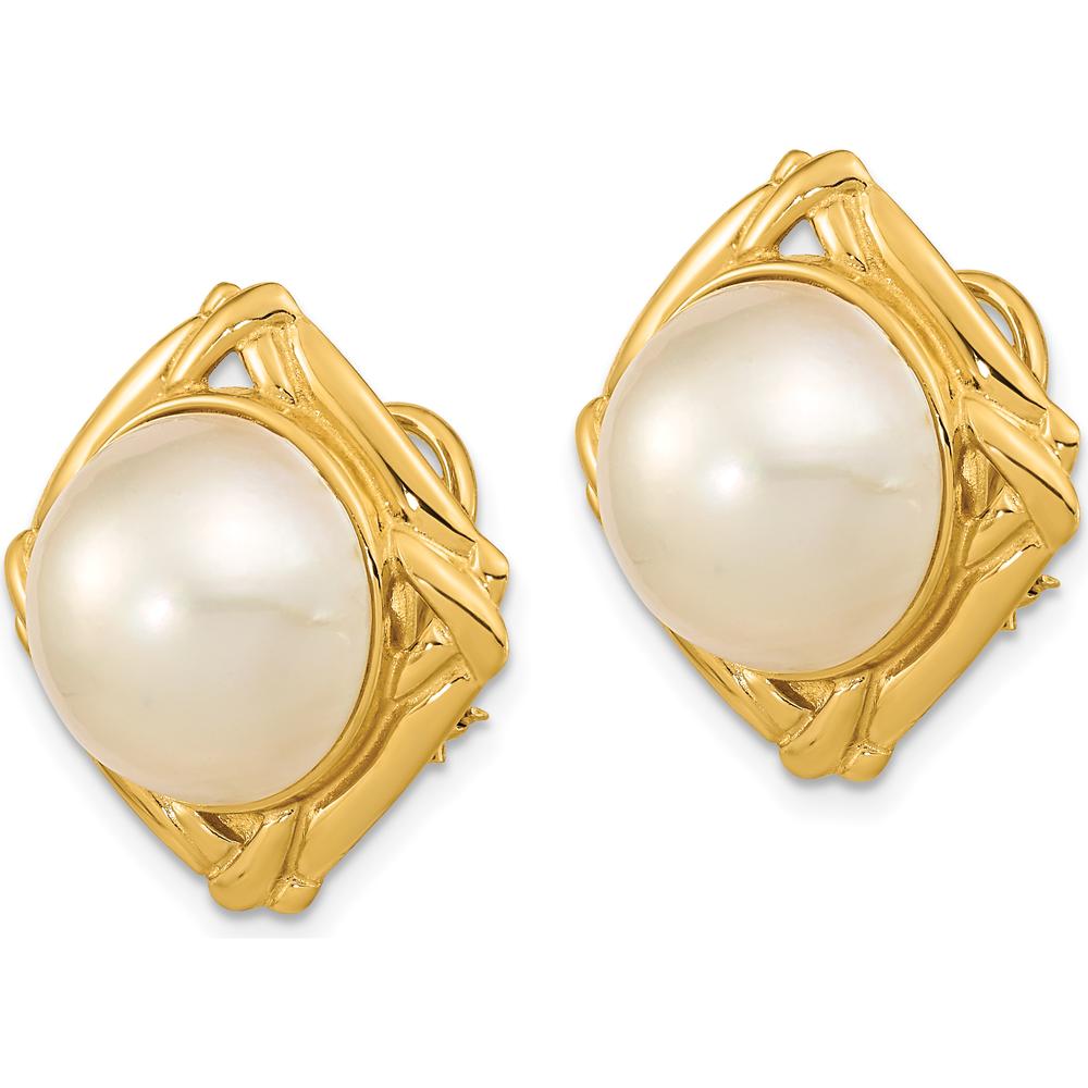14K Yellow Gold 13-14mm White Mabe Saltwater Cultured Pearl Button Omega Back Earrings by Monteluci Fine Jewelry