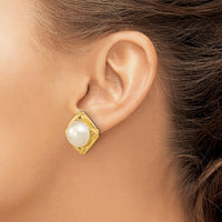 14K Yellow Gold 13-14mm White Mabe Saltwater Cultured Pearl Button Omega Back Earrings by Monteluci Fine Jewelry