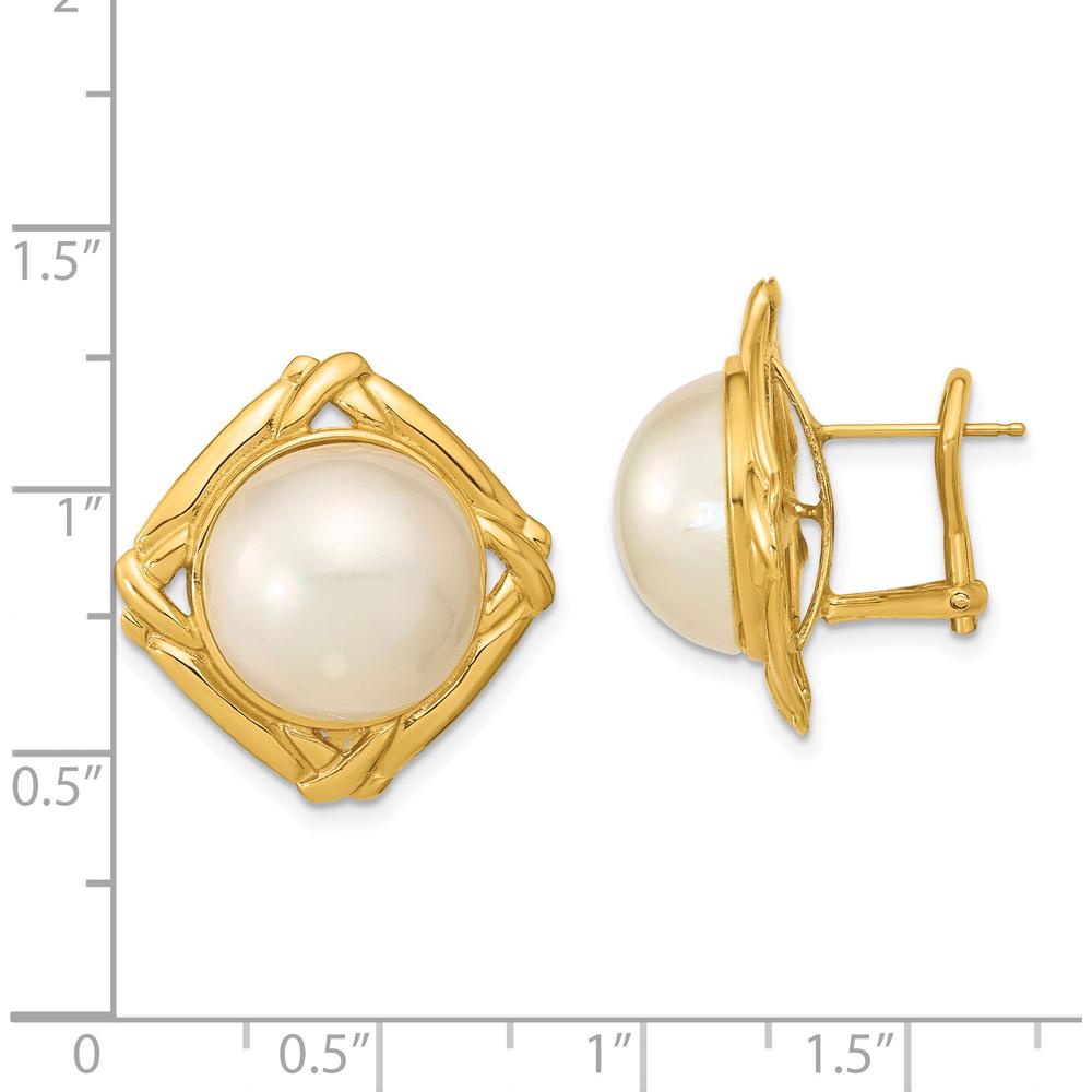14K Yellow Gold 13-14mm White Mabe Saltwater Cultured Pearl Button Omega Back Earrings by Monteluci Fine Jewelry