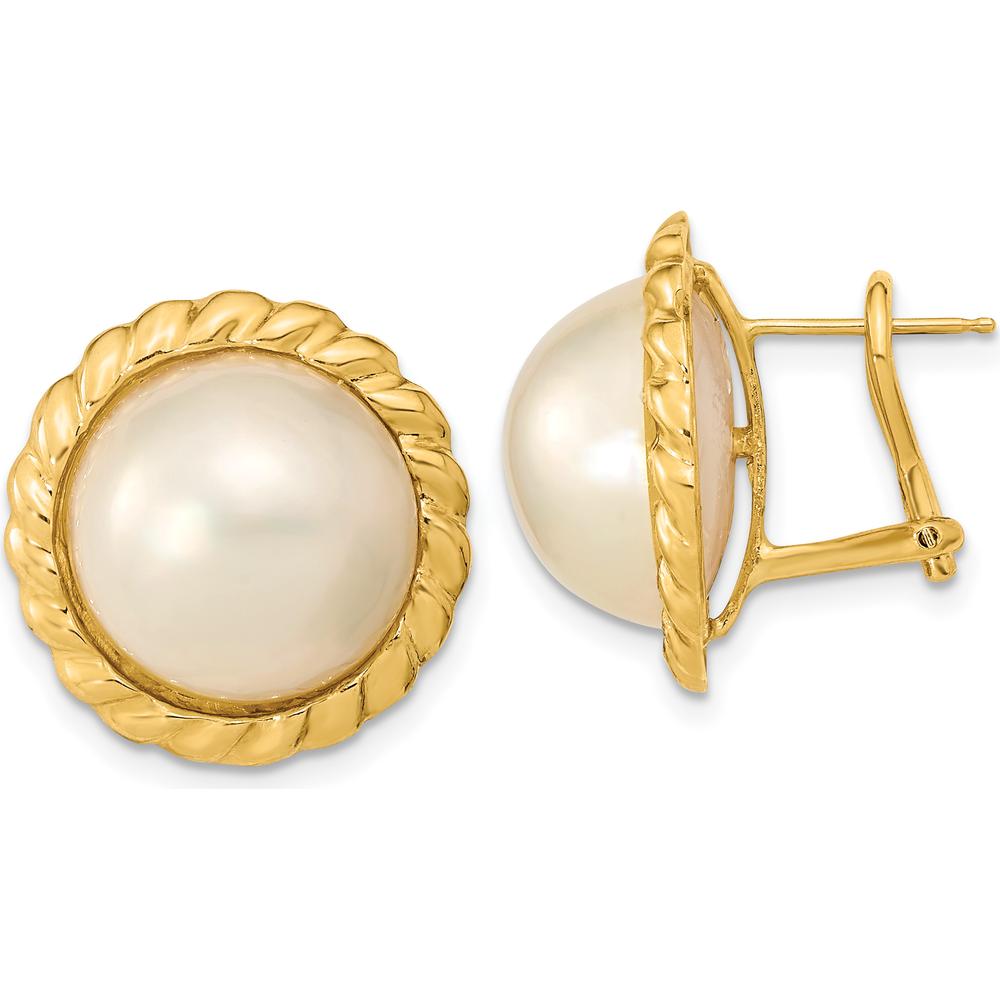 14K Yellow Gold 13-14mm White Mabe Saltwater Cultured Pearl Omega Back Earrings by Monteluci Fine Jewelry