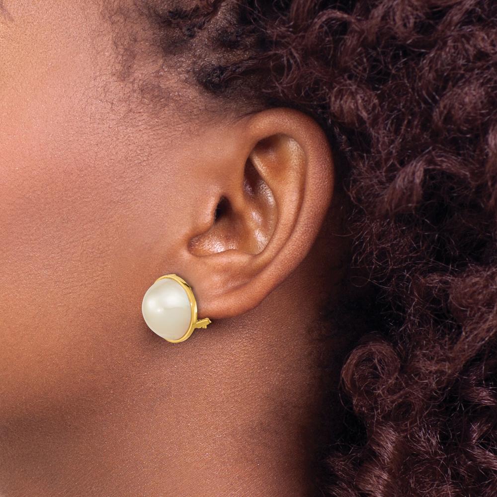 14K Yellow Gold 14-15mm White Mabe Saltwater Cultured Pearl Omega Back Earrings by Monteluci Fine Jewelry