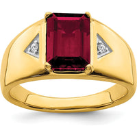 14K Yellow Gold 14K Gold Emerald-Cut Lab-Created Ruby and Round Diamond Men's Ring - 3.98 Carat Ruby, 0.02 Carat Diamond by 0